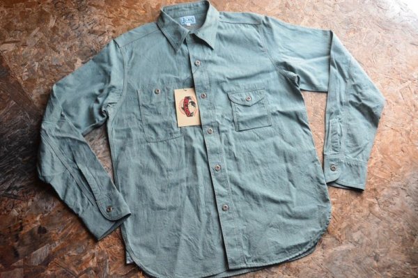画像1: ジェラード2024SS グリーン撚り杢スモーカーシャンブレーシャツ「Smoker Shirt」 (1)